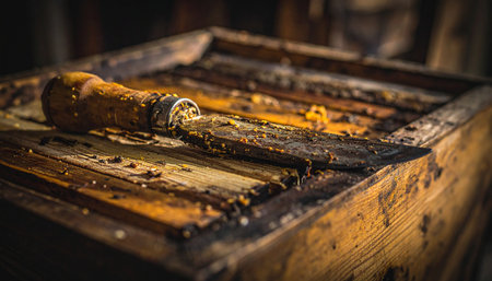 A well-used beekeepers hive tool rests on wooden frames coated in rich, golden beeswax and propolis. The warm, atmospheric light highlights the rustic textures, telling a story of the hard work and natural craft of apiculture and honey harvesting.の素材