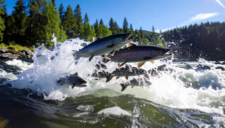 In a powerful display of instinct and determination, a group of salmon leap through the air, fighting against the fierce current of a wild river. This dynamic scene captures the epic struggle and perseverance of their annual spawning migration, a testament to the raw energy of natures life cycle.の素材