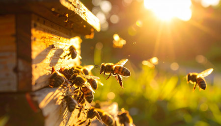 In the warm, golden glow of a setting sun, a swarm of honey bees diligently returns to their wooden hive. Each bee, backlit by the radiant light, is a blur of motion, contributing to the collective effort of the colony in a peaceful, sun-drenched apiary.の素材