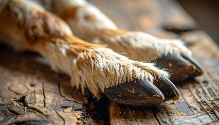 A detailed close-up captures the intricate texture of two deer hooves resting on a weathered wooden surface. This image evokes a sense of rustic tradition and the raw cycle of life in the wilderness, perfect for themes of hunting, nature, and survival.の素材