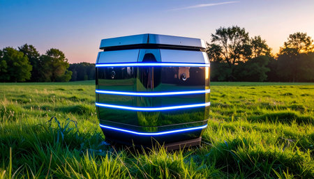 A high-tech, glowing beehive stands as a beacon of innovation in a tranquil meadow at sunset. This image represents the harmonious integration of advanced technology and nature, symbolizing the future of sustainable agriculture, data-driven conservation, and the Internet of Things IoT in environmental monitoring.の素材