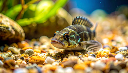 A detailed macro photograph captures a freshwater goby fish resting peacefully on a vibrant, colorful riverbed. Its intricate patterns provide perfect camouflage against the smooth pebbles, showcasing the quiet beauty and hidden life within an aquatic ecosystem.の素材