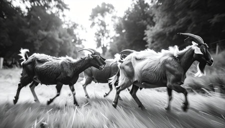 A dynamic black and white shot captures the raw energy of a herd of goats in full motion. The motion blur emphasizes their speed and untamed spirit as they move together through a rustic, natural landscape, suggesting themes of freedom, instinct, and the power of the collective.の素材