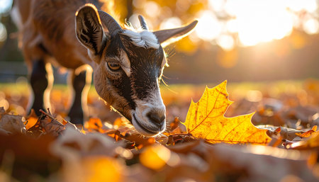 In the warm, golden light of a setting sun, a curious young goat gently lowers its head to inspect a vibrant yellow maple leaf. This peaceful autumn scene captures a quiet moment of discovery and the simple beauty of nature in the countryside.の素材