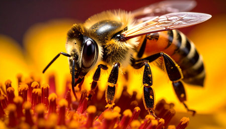 In a stunning macro shot, a diligent honey bee is captured in the vital act of pollination. Perched atop the vibrant stamens of a golden summer flower, its intricate details are on full display, symbolizing the delicate balance and hard work that sustains our ecosystem.の素材