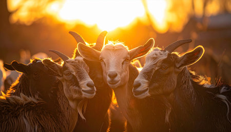 A trio of friendly goats huddle together, their silhouettes framed by the brilliant, warm glow of a setting sun. Bathed in golden light, this peaceful farm scene evokes a sense of community, warmth, and the simple beauty of rural life at dusk.の素材