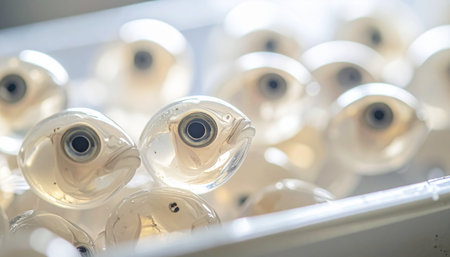 In a controlled laboratory environment, a new generation begins. These translucent fish eggs, with developing eyes clearly visible, represent the future of sustainable aquaculture and marine biology research, a testament to scientific innovation and the delicate cycle of life.の素材