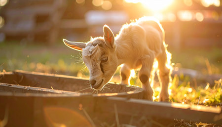 A curious baby goat, bathed in the warm, golden glow of a setting sun, peeks over a wooden trough on a peaceful farm. The soft backlighting highlights its fluffy white coat, creating a serene and idyllic scene of new life and gentle exploration in the countryside.の素材