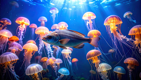 In a breathtaking underwater spectacle, a lone fish gracefully navigates through a vibrant swarm of glowing jellyfish. Bathed in ethereal blue light from above, the scene captures a moment of serene beauty and quiet courage amidst a mesmerizing environment.の素材