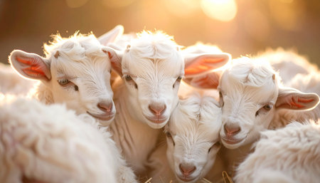 A tight-knit group of young, innocent lambs huddle together for warmth and comfort, their soft white wool illuminated by the gentle glow of the golden morning sun. This peaceful farm scene captures a moment of pure serenity, community, and the simple beauty of new life.の素材