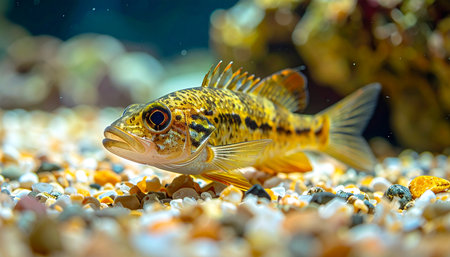 A close-up macro shot captures the intricate details of a small, speckled freshwater fish as it rests near the colorful gravel at the bottom of its aquarium habitat. The shallow depth of field blurs the background, drawing the viewers eye to the fishs vibrant yellow and black patterns and its curious gaze.の素材