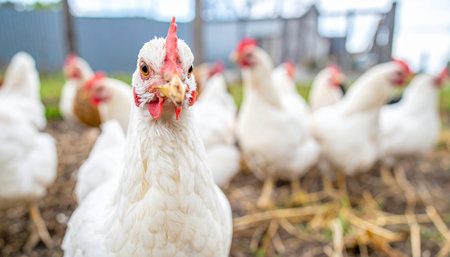 In a bustling farmyard, one curious white hen pauses and breaks from the flock, staring directly into the camera with an inquisitive and almost comical expression. This close-up captures the unique personality of a single bird amidst the daily life of a free-range poultry farm.の素材