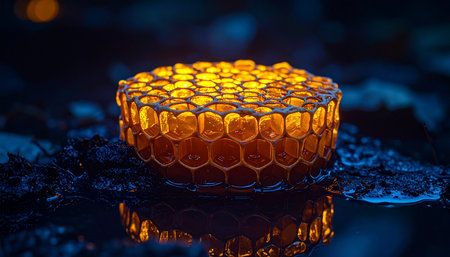 A perfect slice of honeycomb glows with an otherworldly, internal light, casting a warm, golden reflection on a cool, dark surface. This image evokes concepts of natural energy, futuristic nutrition, and the precious, intricate networks found in both nature and technology.の素材