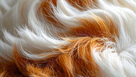 A macro photograph capturing the intricate and flowing texture of soft ginger and white animal fur. The gentle waves of hair create a beautiful, abstract pattern, evoking a sense of warmth, comfort, and the gentle nature of a beloved pet.の素材