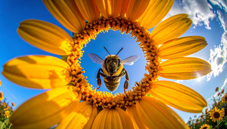 A dynamic, low-angle shot captures a bee in mid-flight, perfectly framed by the vibrant yellow petals of a sunflower. This unique perspective highlights the crucial moment of pollination against a brilliant blue summer sky, symbolizing natures intricate cycles, energy, and the beauty of the ecosystem at work.の素材