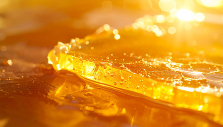 A macro photograph captures the intricate, crystalline texture of a golden liquid, possibly honey or amber, as it glows intensely under the warm, bright light of the sun. The scene evokes a sense of purity, natural energy, and luxurious warmth.の素材