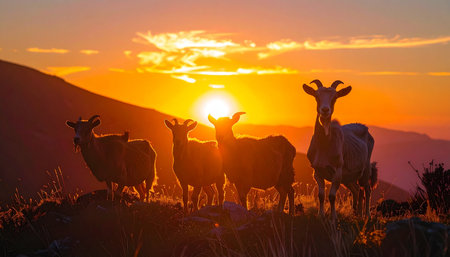 A herd of wild goats stands silhouetted against a brilliant, fiery sunset on a mountain ridge. This serene and majestic scene captures the tranquility of the wilderness and the beauty of nature at the end of the day.の素材
