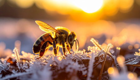A lone honey bee is caught in the first golden rays of a sunrise, its delicate wings and body illuminated against a backdrop of sparkling morning frost. This macro shot captures a poignant moment of resilience and survival, as the warmth of the sun begins to melt the cold of the night, symbolizing hope and a new beginning in the face of adversity.の素材
