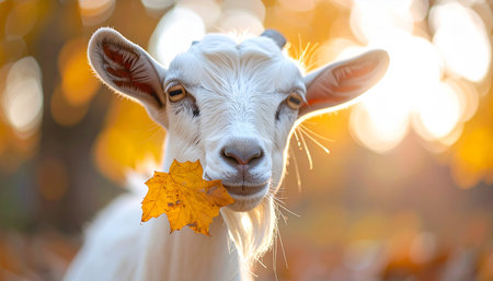 A charming white goat pauses its woodland foraging to look directly at the camera, a golden autumn leaf comically sticking out of its mouth. The warm, glowing light of a sunset filters through the fall foliage, creating a beautiful bokeh effect and highlighting the animals whimsical and content expression. This funny and adorable moment captures the simple joys of nature in the fall season.の素材