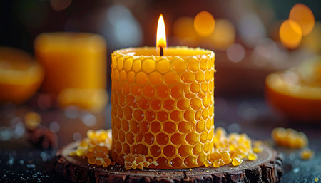 A single beeswax candle, textured with a natural honeycomb pattern, casts a warm and gentle glow. Its steady flame creates an atmosphere of peace and tranquility, perfect for moments of quiet reflection, meditation, or creating a cozy, inviting home ambiance.の素材