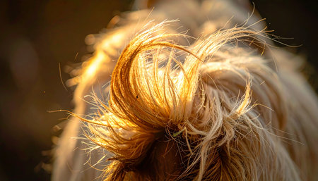 A detailed macro shot captures the intricate texture of a Highland cows shaggy fur, beautifully backlit by the warm, golden glow of a setting sun. The light illuminates each strand, creating an abstract and serene image that evokes feelings of warmth, comfort, and the rustic beauty of nature.の素材