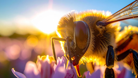 A detailed macro photograph captures a honey bee bathed in the warm, golden light of a setting sun. As it diligently works on a delicate purple clover flower, the last rays of the day highlight the intricate details of its fuzzy body and wings, symbolizing the vital and beautiful work of pollinators in our ecosystem.の素材