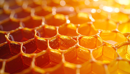 A detailed macro shot captures the perfect hexagonal structure of a honeycomb, filled to the brim with glistening golden honey. Warm, bright sunlight streams through, illuminating the rich amber liquid and creating a sense of natural purity, sweetness, and the diligent work of bees.の素材