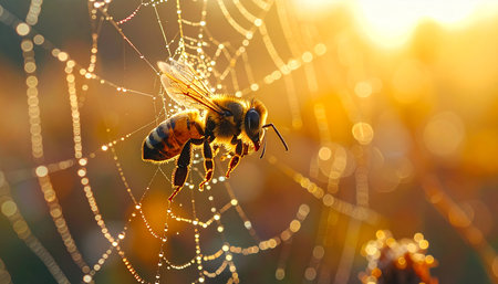 A honeybee is caught in a delicate spiderweb glistening with morning dew. The warm, golden light of sunrise illuminates the scene, creating a moment of both vulnerability and enchanting natural beauty.の素材