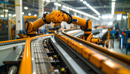 A bright yellow robotic arm operates with flawless precision along a curved assembly line in a state-of-the-art factory. This scene captures the essence of Industry 4.0, showcasing a future of automated, efficient, and intelligent manufacturing.の素材