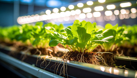 In a state-of-the-art vertical farm, rows of vibrant green lettuce thrive under the glow of advanced LED lights. This image captures the future of sustainable agriculture, where technology and nature converge to produce fresh, healthy food in a controlled, soil-free environment.の素材