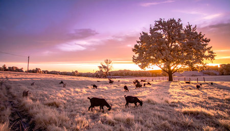 As the first light of dawn breaks, casting a purple and golden glow across the sky, a herd of goats grazes peacefully in a frosty field. The serene morning light illuminates a lone tree, creating a tranquil and idyllic rural scene that speaks to the quiet beauty of a new day beginning on the farm.の素材