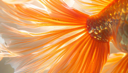 A macro photograph capturing the delicate and ethereal dance of a golden fish tail. The vibrant orange and white fins create a fluid, abstract pattern, evoking a sense of serene beauty and graceful movement in a tranquil underwater world.の素材