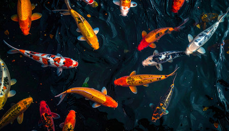 A vibrant school of colorful koi fish gracefully glides through the dark, tranquil waters of a serene pond. Their bright orange, red, and white scales create a stunning contrast against the deep background, evoking a sense of peace, harmony, and natural beauty.の素材