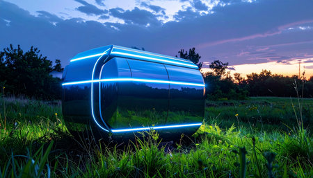 At the edge of twilight, a mysterious, high-tech portal hums with otherworldly blue light. Set against a serene natural landscape, this futuristic pod suggests a gateway to another time or dimension, blending science fiction with the tranquility of nature.の素材