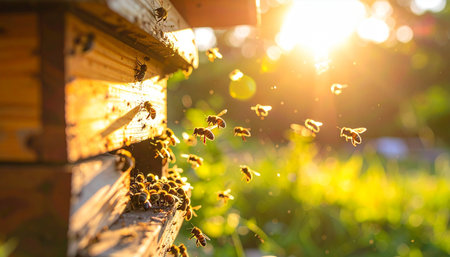 As the golden sun sets, a busy swarm of honey bees returns to their wooden hive, their wings catching the warm, hazy light. This scene captures the industrious and harmonious life of a bee colony, a vital part of our ecosystem, working together to produce sweet honey.の素材