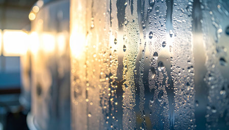 A soft, golden light, perhaps from a rising sun or a warm indoor lamp, filters through a glass pane covered in delicate water droplets. The condensation creates an abstract, serene pattern, blurring the world outside into a beautiful bokeh of warm and cool tones. This image evokes a sense of calm, quiet mornings, and peaceful moments of reflection.の素材