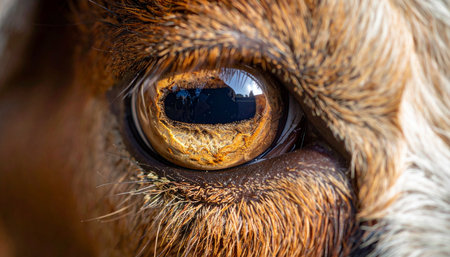 An extreme macro photograph capturing the intricate details of a goats golden-brown eye. The horizontal pupil reflects the world, offering a unique perspective on animal vision, natures complexity, and the raw intensity of the wild.の素材
