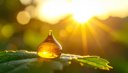 A single, perfect drop of golden liquid rests on a vibrant green leaf, beautifully backlit by the warm glow of the rising sun. This macro image captures a serene moment of natural purity, symbolizing new beginnings, environmental health, and the precious essence of life.の素材