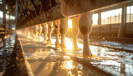 As the sun rises, its golden rays stream into a modern, clean piggery, illuminating a row of hogs standing in shallow water. The warm light reflects off the wet floor, creating an industrious atmosphere that speaks to the scale and efficiency of contemporary animal agriculture.の素材