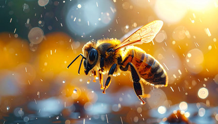 A single honeybee is captured in a moment of ethereal flight, illuminated by the warm, golden rays of a setting sun. Magical particles dance in the air around it, creating a dreamlike atmosphere that highlights the vital beauty and industrious spirit of natures tiny pollinator.の素材