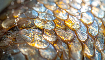 A mesmerizing macro view captures the intricate, overlapping scales of a creature, shimmering with a golden and holographic iridescence. The play of light creates a luxurious and almost magical texture, suggesting the skin of a mythical dragon or a rare, exotic fish. This detailed pattern forms a beautiful and opulent abstract background.の素材