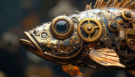 A close-up of a mechanical fish, crafted from gleaming gold and brass gears. This steampunk marvel navigates a dark, mysterious environment, its clockwork heart ticking with precision. It represents a fusion of nature and industrial invention, a testament to imaginative engineering and retro-futuristic fantasy.の素材
