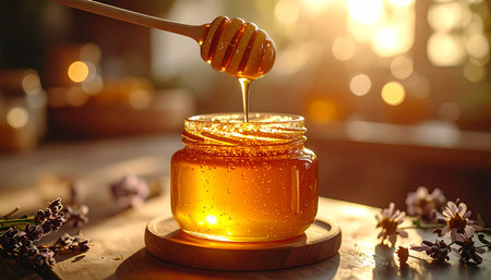Golden afternoon sunlight streams through a window, illuminating a glass jar of pure, amber honey. A wooden dipper lifts a thick, sweet stream, capturing a moment of natural sweetness and wholesome comfort in a rustic, cozy kitchen.の素材