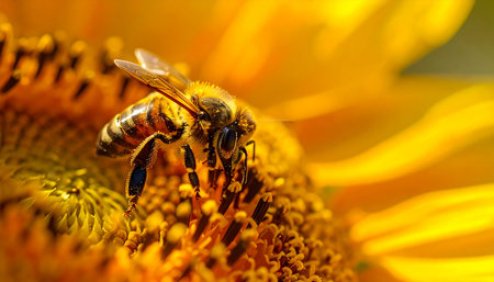 In the warm glow of a summer afternoon, an industrious honey bee diligently works, gathering golden nectar from the intricate center of a vibrant sunflower. This macro shot captures the essential and delicate dance of pollination, a vital process for our ecosystem.の素材