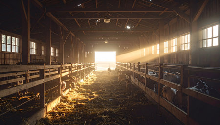 Golden morning light floods through the open doors of a rustic, empty barn, illuminating dust motes dancing in the sunbeams. The quiet stillness evokes a sense of nostalgia and peaceful new beginnings, a silent testament to a bygone era of rural life.の素材