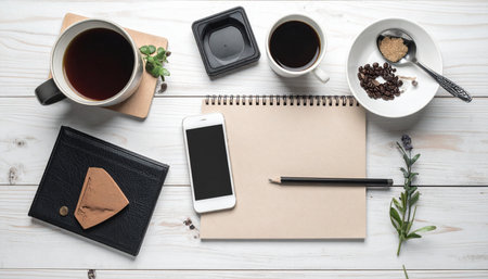 A quiet morning scene unfolds from above. A blank notebook and pencil await fresh ideas, fueled by two cups of hot coffee. This minimalist workspace is the perfect setting for creative planning, journaling, or starting a productive day.の素材