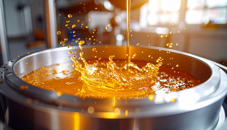 In a pristine industrial facility, a stream of pure golden liquid is poured into a stainless steel vat, creating a spectacular crown-like splash. The warm light highlights the viscosity and clarity of the substance, symbolizing quality, precision, and the start of a manufacturing process.の素材