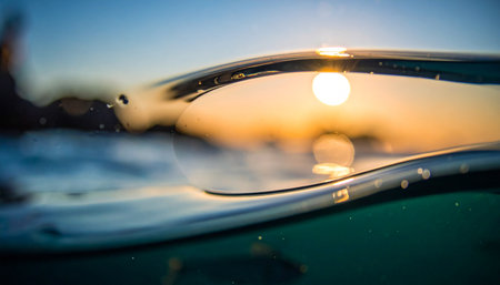A unique perspective from the waters surface captures the last golden rays of a setting sun through the crystal-clear curve of a gentle ocean wave. This tranquil and abstract view evokes feelings of peace, clarity, and the serene beauty of natures flow.の素材