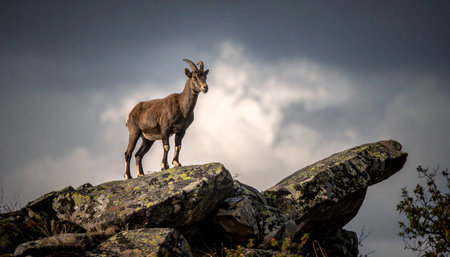 A majestic Iberian ibex stands as a solitary sentinel atop a rugged mountain peak. Against a backdrop of dramatic, swirling clouds, this wild goat surveys its domain with a powerful and resilient gaze, embodying the untamed spirit of the wilderness.の素材
