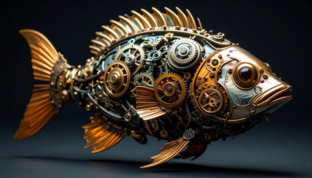 A marvel of Victorian-era futurism, this intricate mechanical fish glides through an unseen current. Its body, a complex tapestry of polished brass gears and copper cogs, showcases the pinnacle of steampunk engineering and imaginative invention, a silent testament to a bygone age of steam-powered dreams.の素材